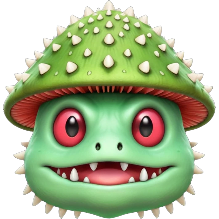 poisonous mushroom monster portrait, head and shoulders only, animal-like creature, mushroom cap head with spikes, toxic green glow, beast-like eyes, furry neck details, monstrous but cute fantasy vibe, 3D cartoon, mobile game icon style, clean background, no text, no watermark

 emoji