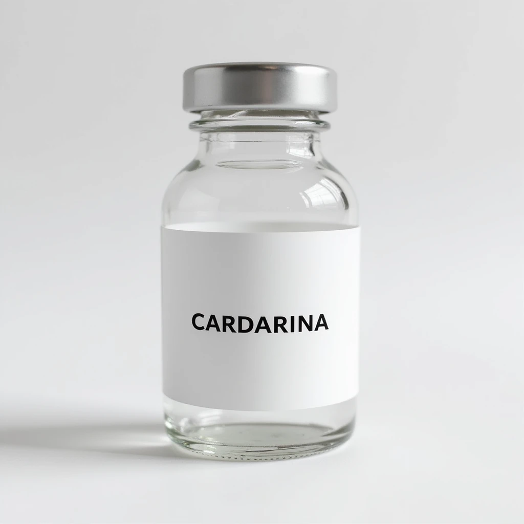 transparent glass vial with cap, white label with the word 'CARDARINA' prominently displayed, hyperrealistic 4K style emoji