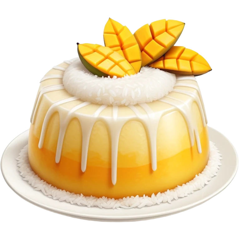 cinematic-realistic-mango-sticky-rice-dessert-emoji,-showcasing-sweet-sticky-rice out of a mould-paired-with-ripe-mango-slices-and-coconut-milk-rendered-with-lifelike-detail-and-warm,-inviting-lighting with the coconut  milk over the rice emoji