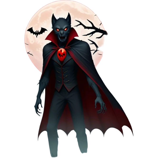 Icon for Horror Movies: A chilling collage with a monstrous werewolf or vampire, dark silhouettes, eerie graveyards, and creepy elements like spiders and tombstones. Ghostly fog surrounds, with a blood-red moon in the sky. The atmosphere is unsettling, eerie, and haunting. Transparent background. emoji