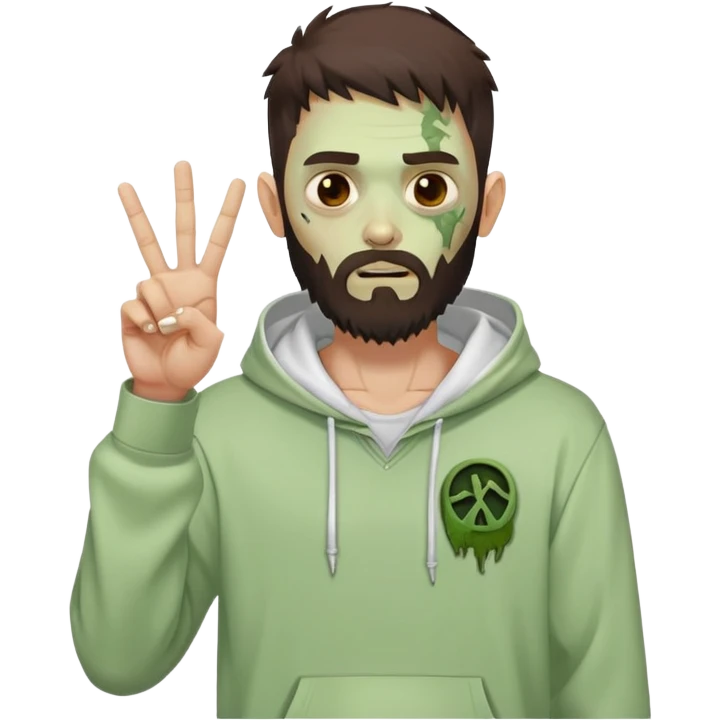zombie making peace sign, undercut hairstyle with dark brown hair, short full beard, wearing plain white hoodie emoji