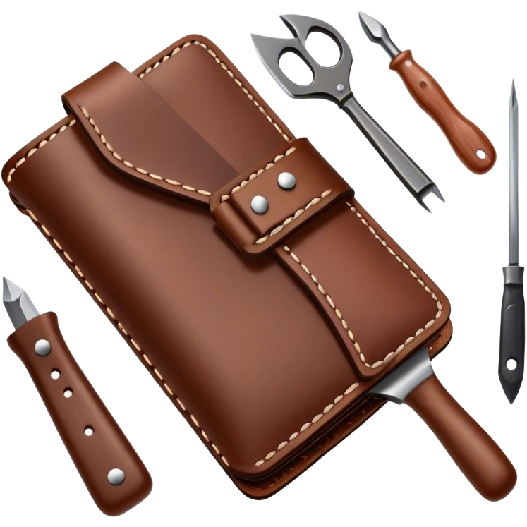 Leatherworking icon, piece of raw leather being crafted into a leather wallet or belt, professional tools like leather stitching awl, edge beveler, hammer, prying tool, minimalistic style, clean lines, transparent background. emoji
