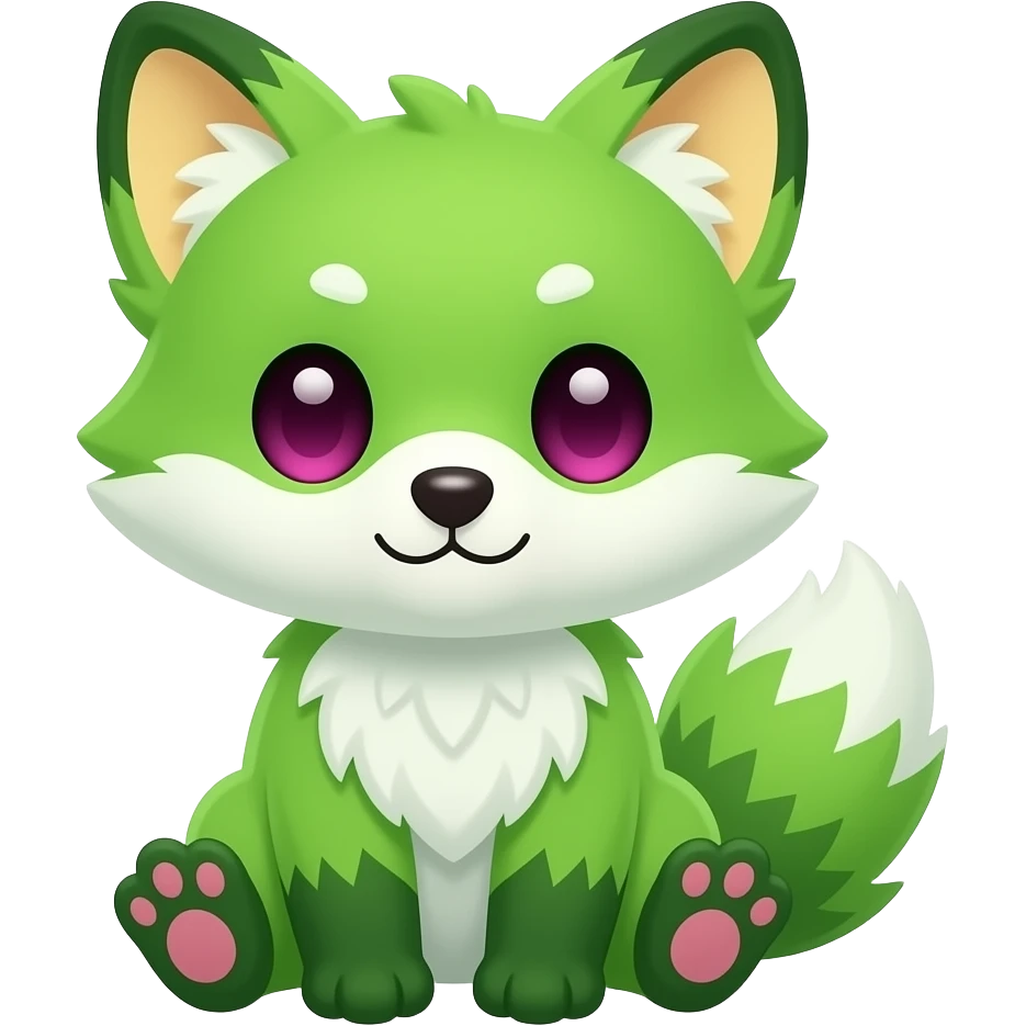 Cute chibi kawaii mossy forest Neon-light-lime-green furry fox with white belly and white muzzle, dark-green paws, dark green ears, and magenta eyes, pastel-yellow-beige inside ears-pinna/ear flap, pink paw pads emoji