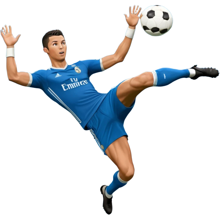 Ronaldo doing a bicycle kick with football in mid air While wearing a Retro blue Real madrid kit and yes i want it to be exactly the same as he Scored it in 2018 vs Juventus  emoji