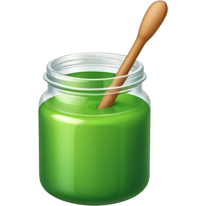 A small open plastic jar of vibrant green wax, wooden stick inside emoji