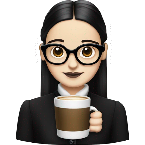 Wednesday Addams wearing square black glasses an holding a steaming coffee  mug  emoji