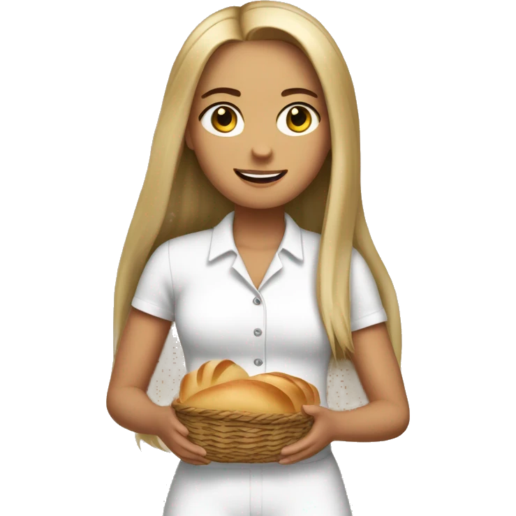 cute white girl, with jumpsuit, white shirt in it, long straight hair, holding a bread basket emoji