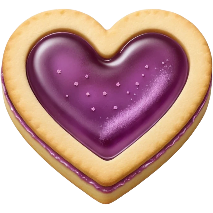 Realistic shortbread cookie in the shape of a heart with mauve jelly middle filling and sprinkled powder sugar on top. emoji