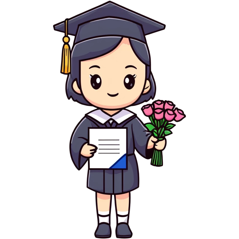 Cute Japanese high school girl in graduation ceremony with bouquet and diploma emoji