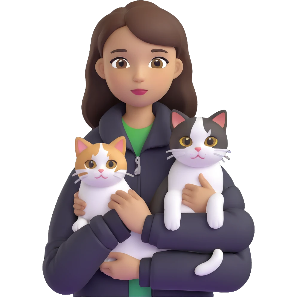 Light-skinned girl with brown straight hair wearing a black jacket, holding one completely white cat and one calico cat emoji