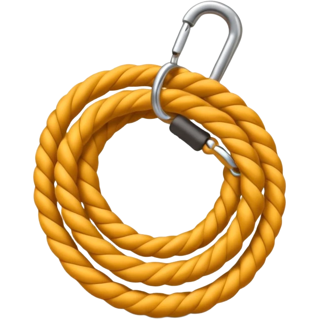 A 3D cartoon coiled climbing rope with a carabiner, golden color, resting on a rocky surface, realistic soft shadows, Memoji-style rendering. emoji