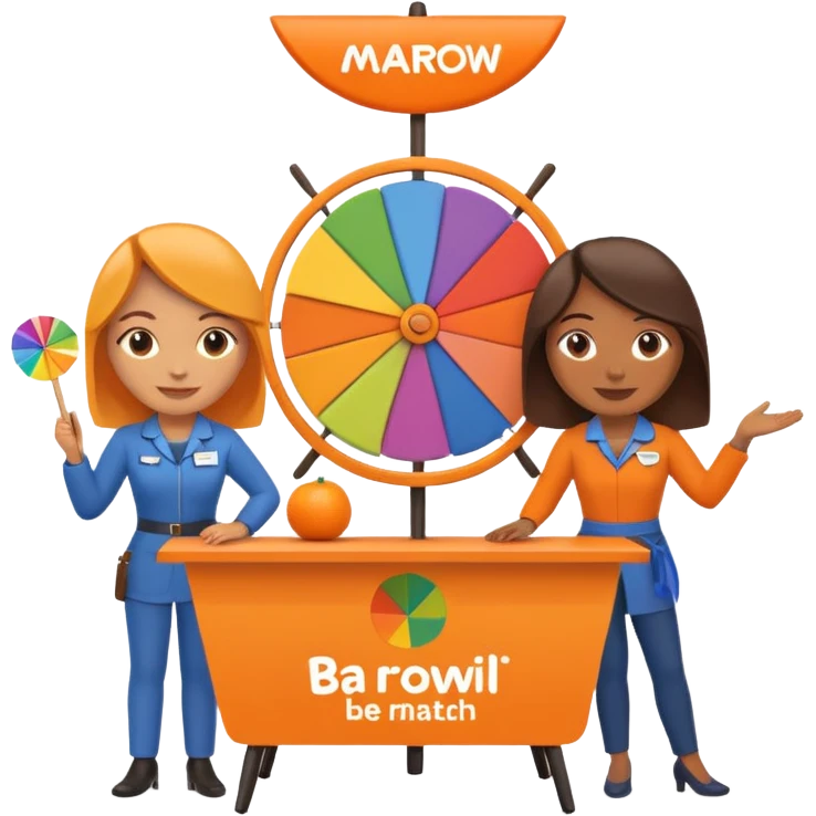 emoji of a recruitment booth. Two cartoon figures stand behind an orange table with 'MARROW, be a match' branding, a colorful spinning wheel, and a branded vertical banner. Simplified and cute emoji