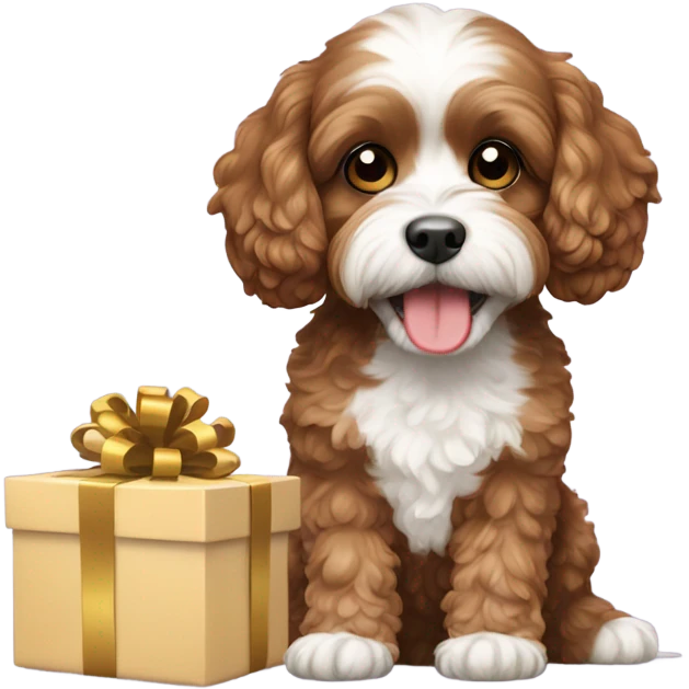 Brown and white cavapoo dog and gift box emoji