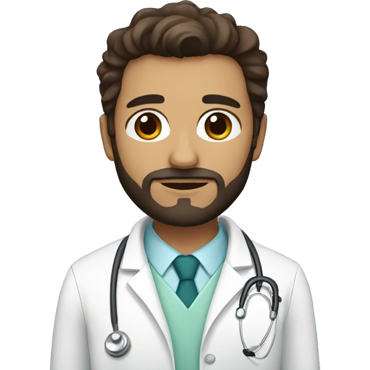 Brown doctor with dark brown hair and beard, big brown eyes emoji