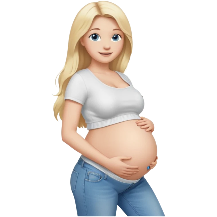 White girl, 18, long blonde hair, blue eyes, white crop top, jeans, huge pregnant belly, side view, skinny, bare midriff, smiling emoji