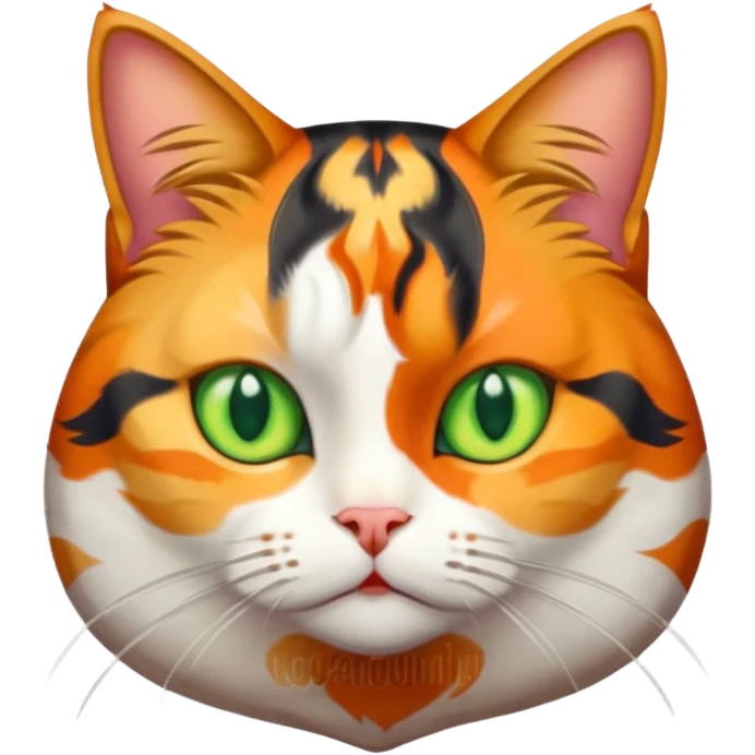 full body colourful calico tabby cat with skinny head and fat body with an anxious face emoji