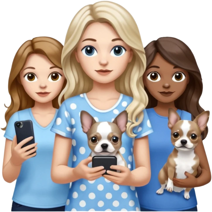 Three women in summer clothes holding iPhone, hazel eyed light skin with dark blonde long hair and Brown eyed light skin brown long wavy hair, blue eyed light skin long blonde hair that have their 2 dogs that are blue spotted Merle Frenchie, black and tan chihuahua  emoji