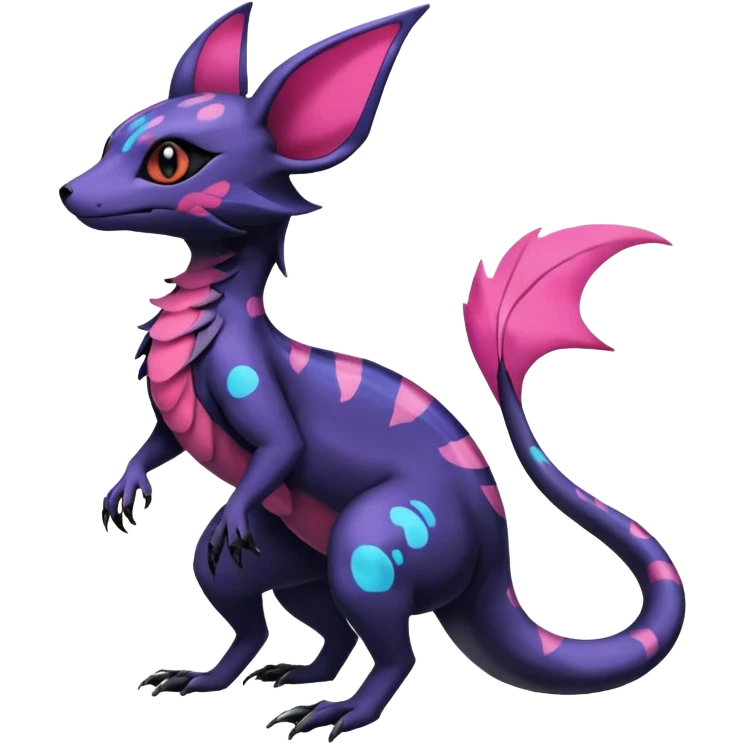 Rare epic aesthetic colorful Salandit-Noibat-Eevee-Genet-species-Fakemon-hybrid-creature, with markings, full body emoji