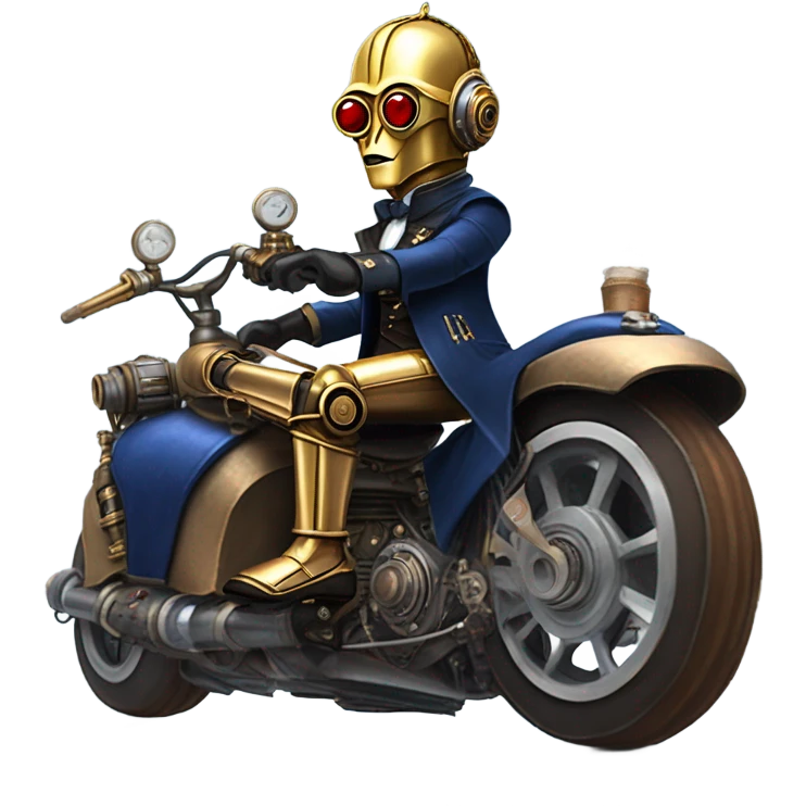 C-3PO wearing a pair of navy-blue rimmed steampunk goggles, hat, leather chaps, fringe jacket riding a fast 3 wheeler trike steampunk motorcycle on ice  emoji