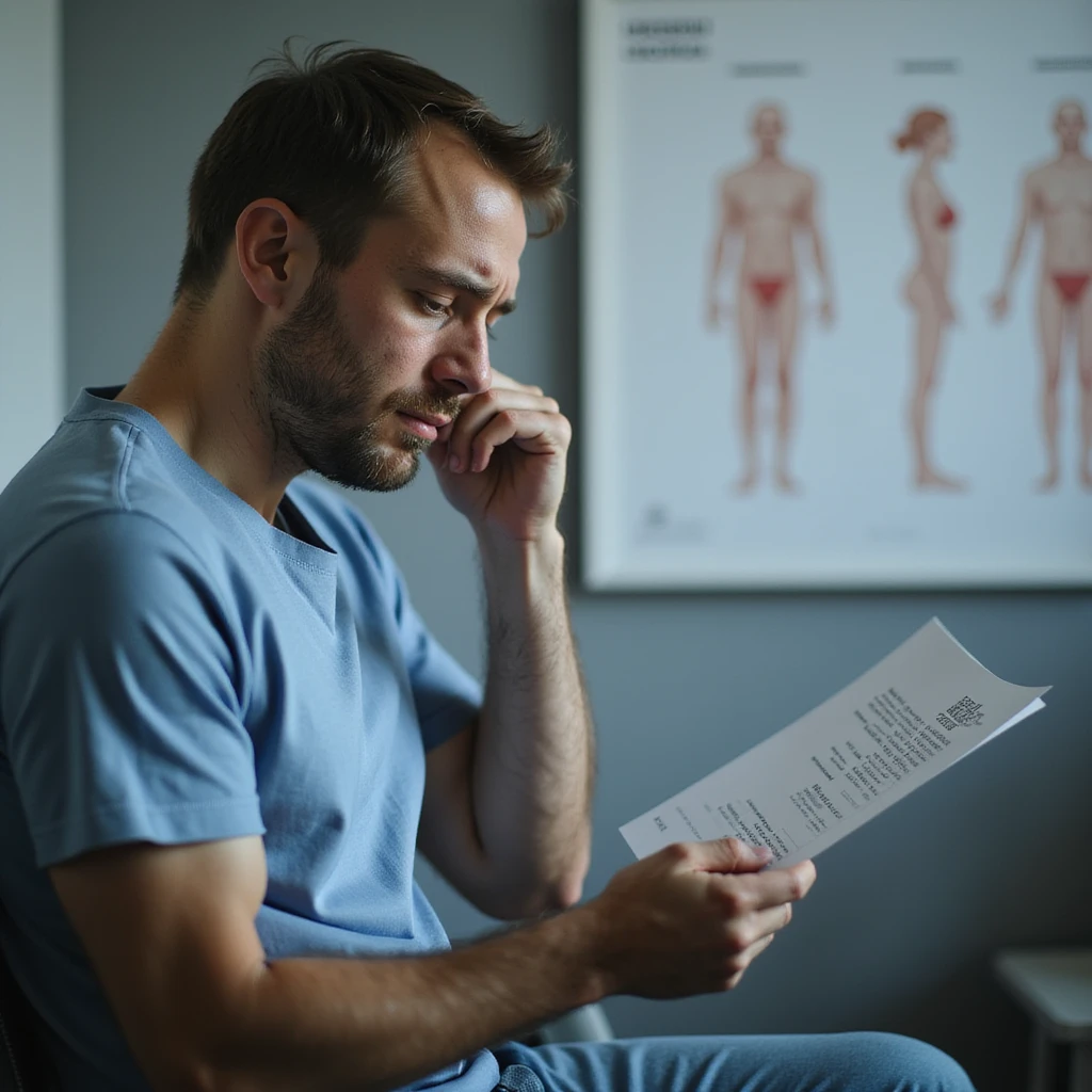 hyperrealistic 4K image of a man in his 30s looking at semen analysis results with 'azoospermia', tears in eyes, hands shaking, sitting in urologist's office, fertility diagrams on wall, clinical atmosphere emoji