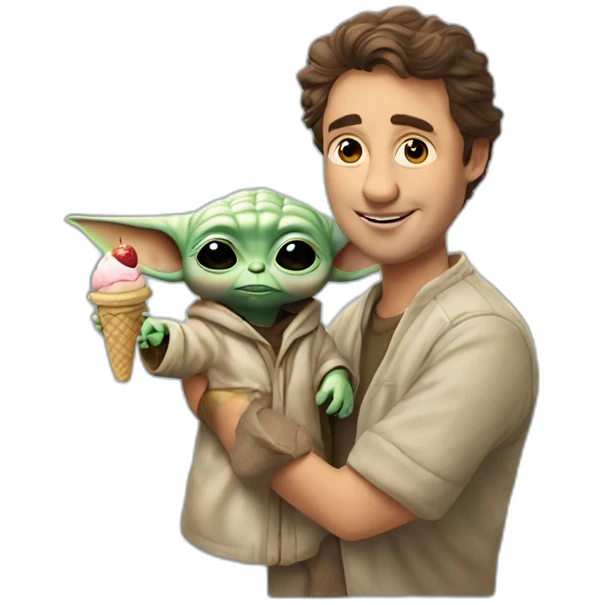 Rick Ashley with a baby yoda in hes hand and a ice Cream  emoji