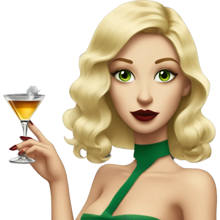 white, honey blonde pretty girl with green eyes, smoking a cigarette and a martini in hand, dark red nails, looking sexy and cool  emoji