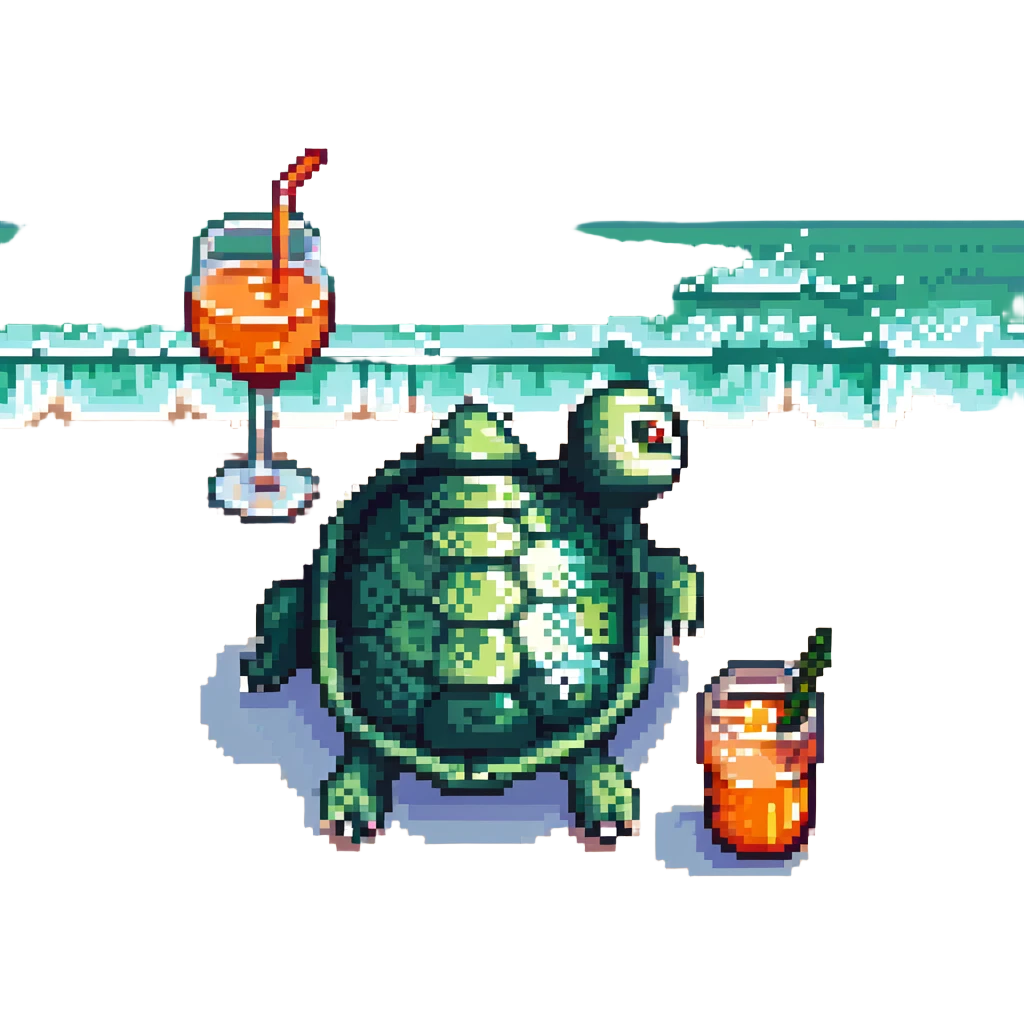 turtle sitting on the beach and drinking aperol spritz, pixel art style emoji