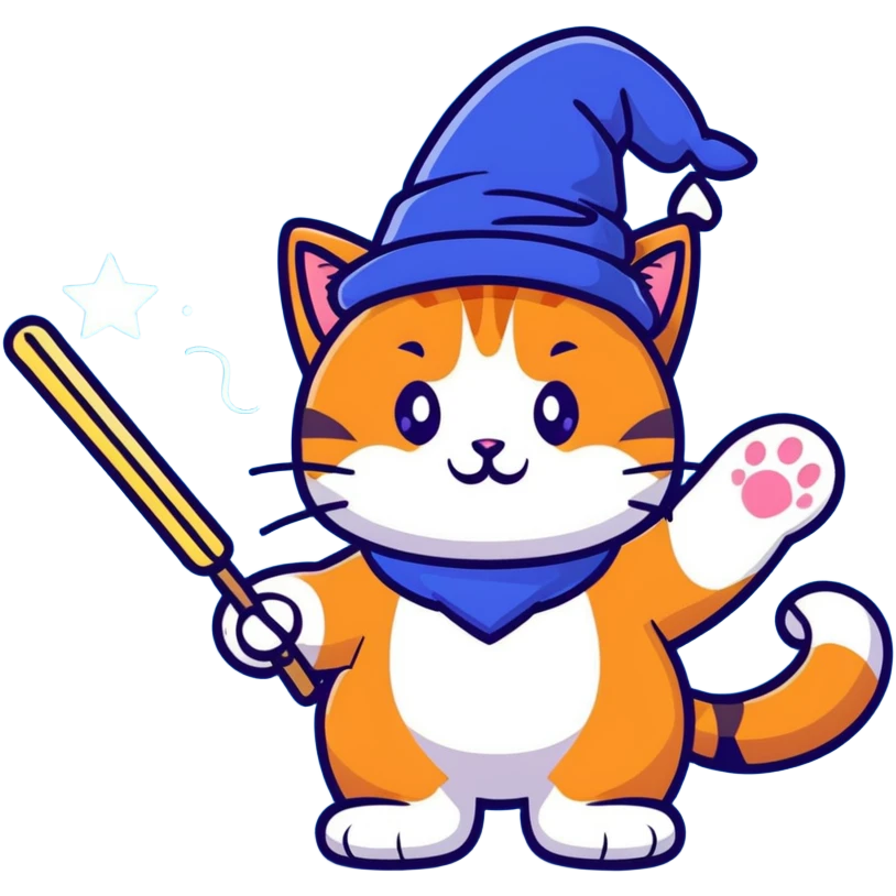 Cute orange tabby cat with a blue wizard hat and a glowing magic wand emoji
