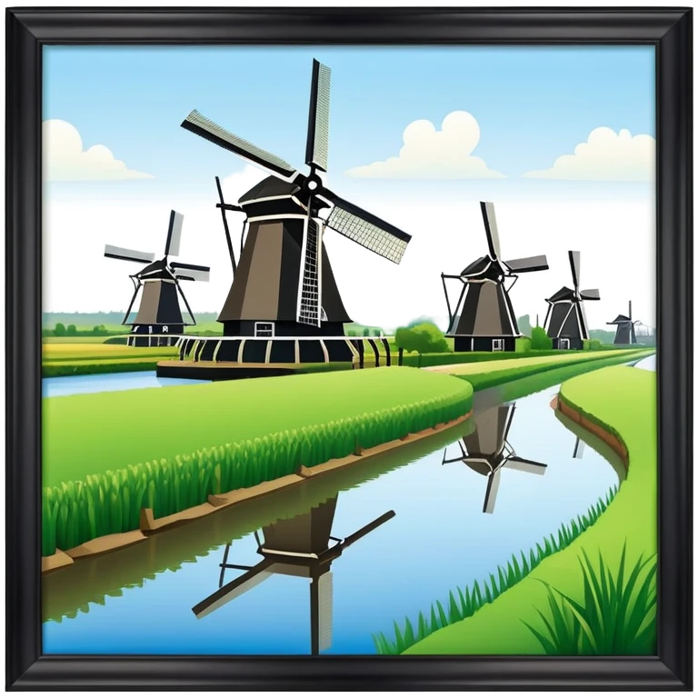 cinematic-realistic-kinderdijk-windmills-landmark-emoji,-showcasing-traditional-dutch-windmills-aligned-along-a-tranquil-canal,-with-lush-green-fields in a picture frame emoji