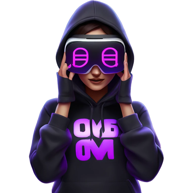 Russian girl wearing black hoody with violet letters "OMG", in vr headset oculus quest2. No eyes on headset. Cyberpunk style. Violet neon. emoji