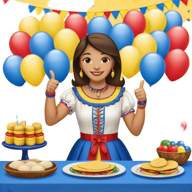 party table decorated with red blue and yellow colors, including backdrops, balloons, streamers and more, on the table are intricate displays of colombian arepas, and in the forefront a woman in traditional colombian dress with a smile and big thumbs up emoji