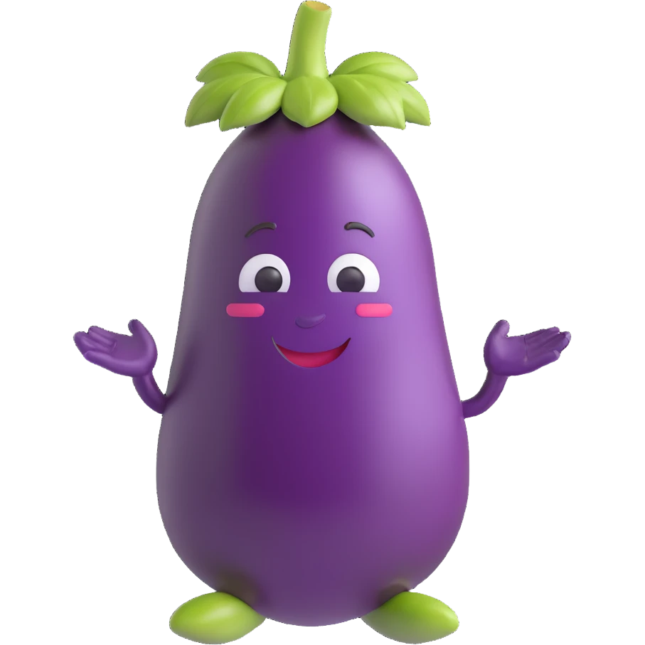 eggplant character with limbs, smiling, emoji style emoji