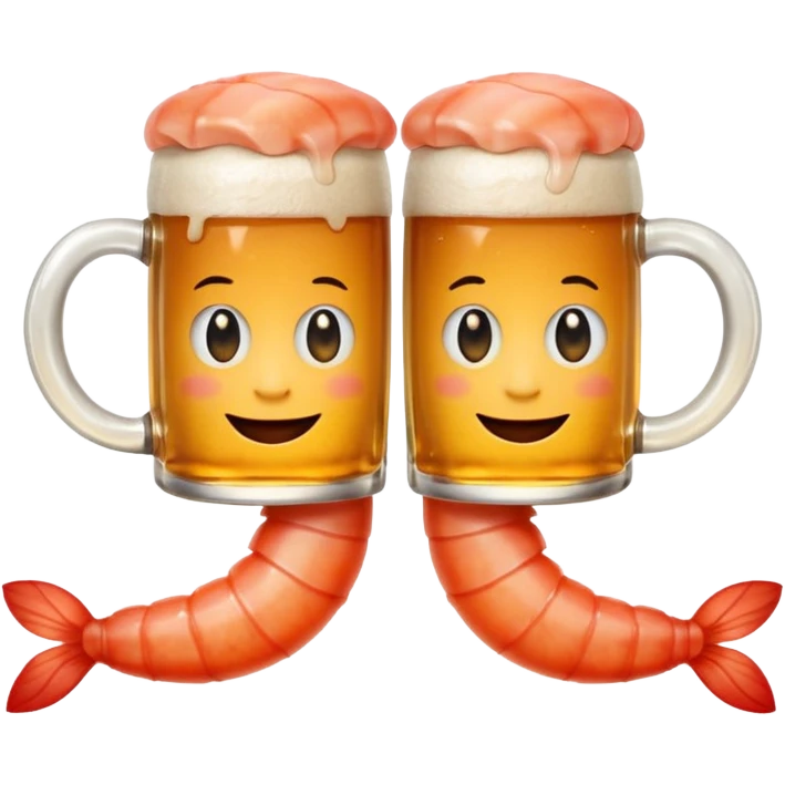 Design a trendy emoji-style illustration of two shrimp peeking from behind text, only half of their bodies visible, curious and playful expressions.
One shrimp holding a beer mug, the other pointing forward.
 emoji