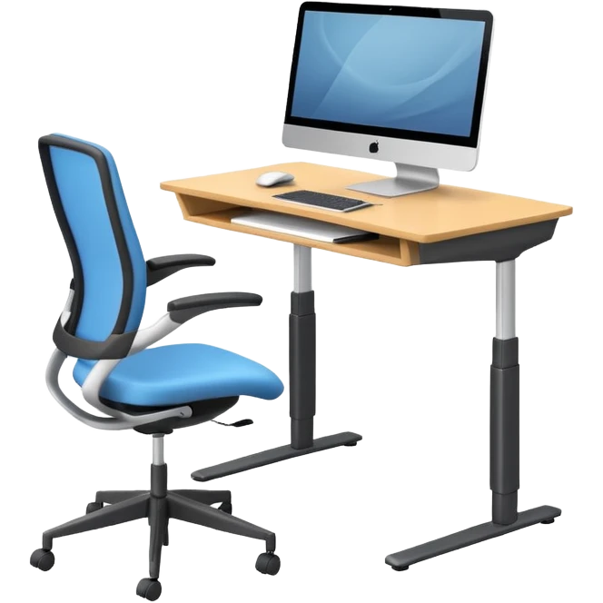 3D minimal icon of a height-adjustable motion desk with a modern ergonomic office chair, featuring a subtle accent in #FF3D00. Clean, high-end, and modern style. emoji