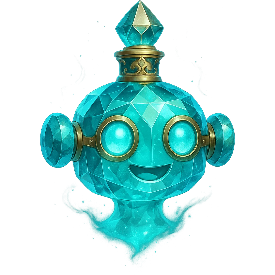 cute, luxurious crystal elixir bottle in the shape of a friendly and playful robot head, cyan color, lots of glowing, facets, ornaments, golden details, magical effects, very small almost invisible neck, transparent background, beautiful merging bottom, clearly floating in the air, no base or shadow, premium class impression, design matching a collection of crystal, luxurious, magical bottles emoji