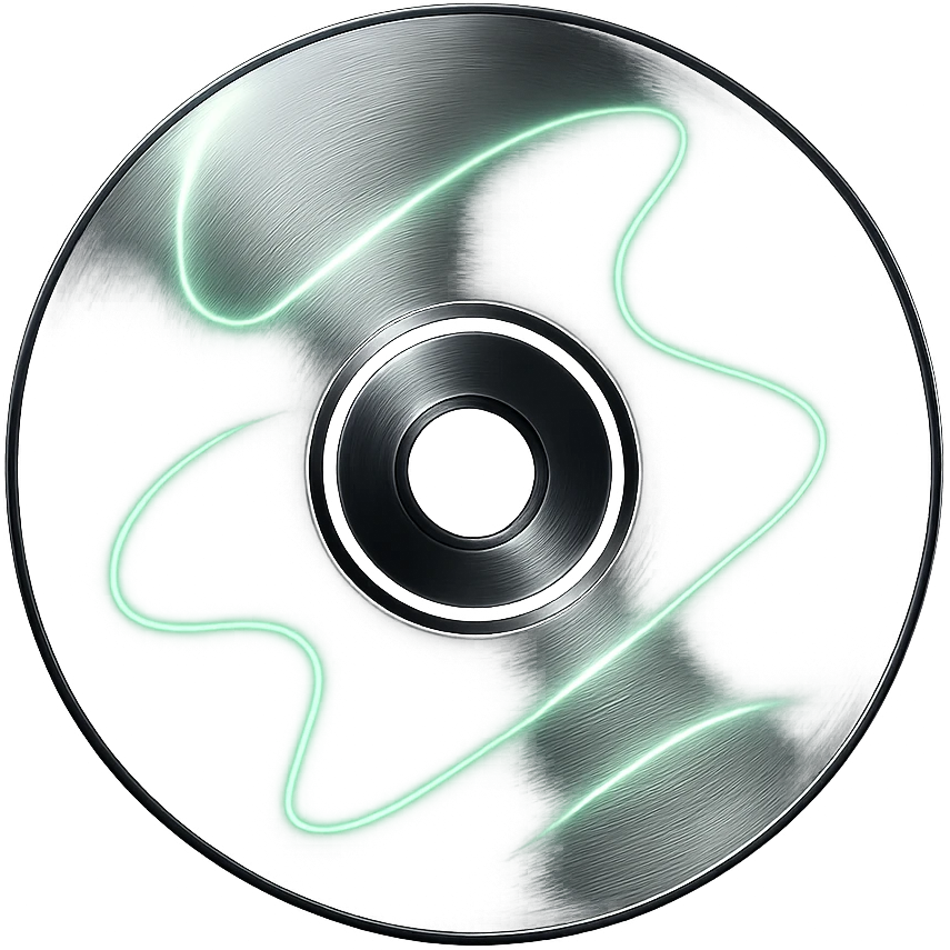 A minimalist CD disc with abstract pattern, glowing effect, green color emoji