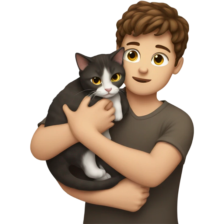 Brunette hair boy holding a cat emoji