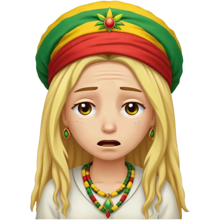 A blond woman dressed like a rastafari who is crying a lot.  emoji