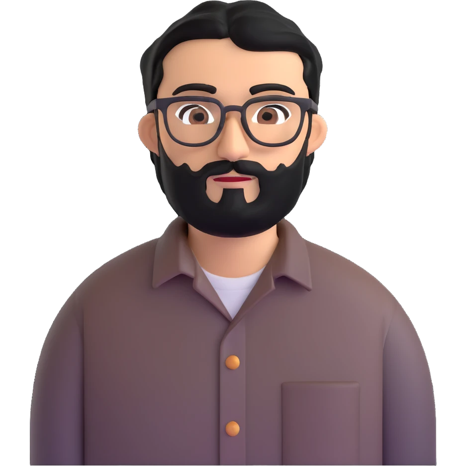man with medium black beard, black hair, connected unibrow, olive tan skin, brown eyes, glasses, prominent long nose, wearing casual business attire like a button-up shirt without tie emoji