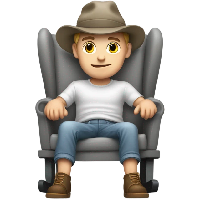 Young white man in hat rocking white baby in puffy grey rocker  emoji