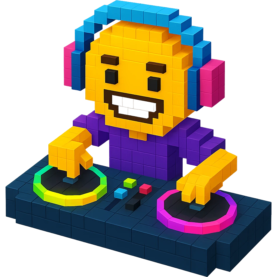 DJ mixing records with glowing turntables and a dynamic pose emoji