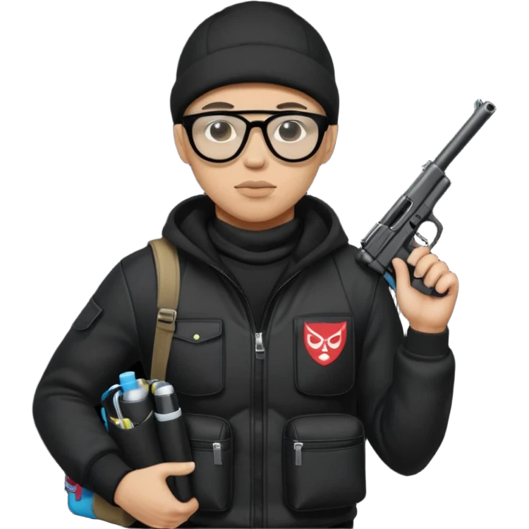 YN wearing a ski mask, holding a gun, all black fit, black jeans, Sprayground bookbag, confident stance with glasses emoji