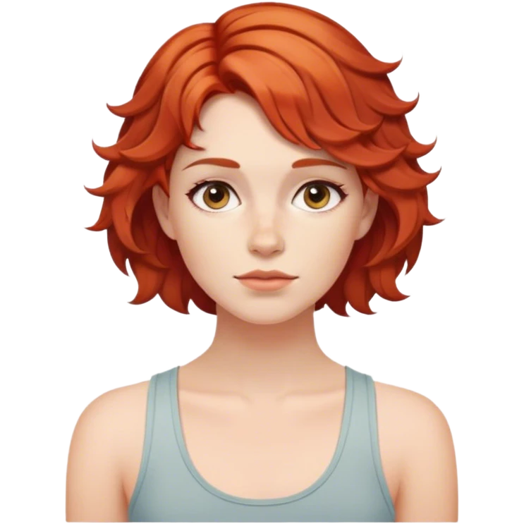 Menina ruiva de cabelos ondulado, cortado em camadas curto. Ela está de lado e usa uma regata emoji