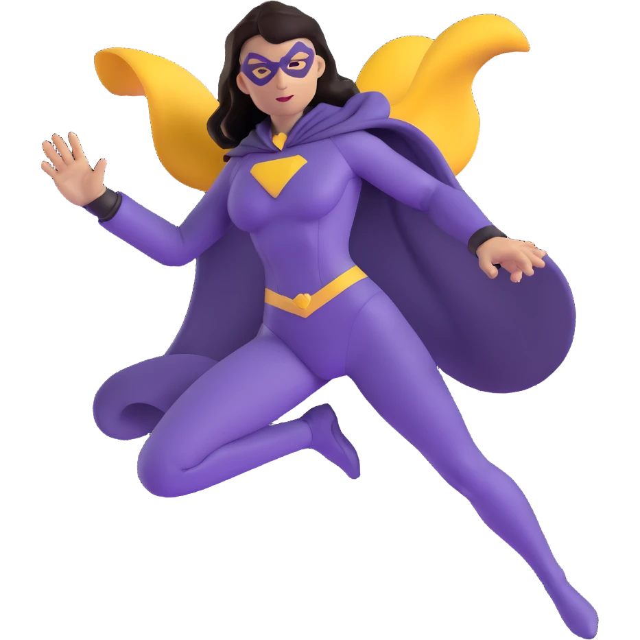 female superhero in a soft purple and black suit, magic swirling from hand emoji