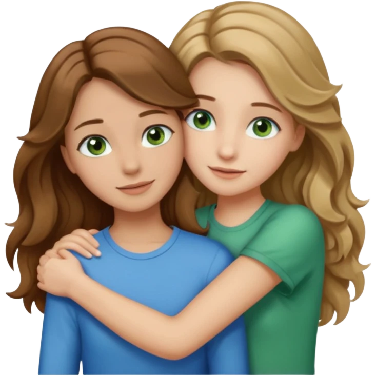 make me and my best friend togheter i have shoulder-lenght brown hair and light brown eyes and she has really long wavy hair blonde/brown hair and green/blue eyes we are hugging or taking a selfie  emoji
