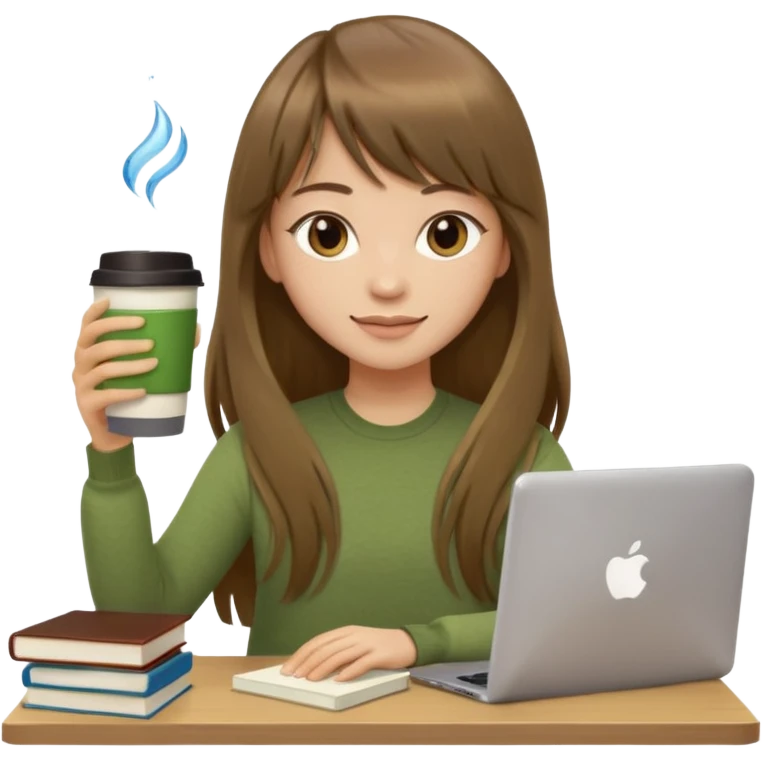 a designer with light skin long brown hair bangs waving, stack of books, coffee cup on top, water bottle, computer, matcha, no glasses emoji