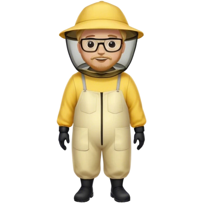 full body medium plus size male bee keeper in yellow and black with short light strawberry blonde hair and goatee wearing glasses with bee keeper hat emoji
