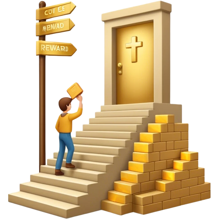 represents the habit formation process with a person stacking bricks to build a staircase, a signpost labeled "Cue → Action → Reward", and a glowing golden door at the top symbolizing success and transformation. Let me know if you need any tweaks! 🚀 emoji