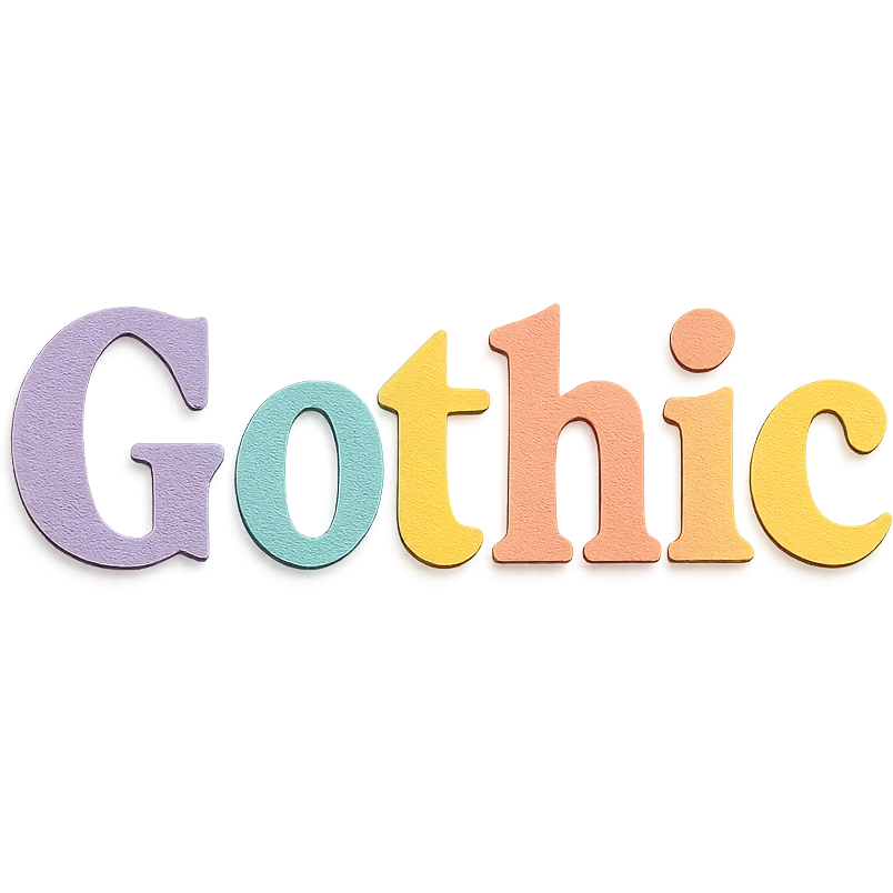 "Gothic" in soft pastel rainbow bold serif font, kawaii, no outline, 3D paper-craft effect emoji