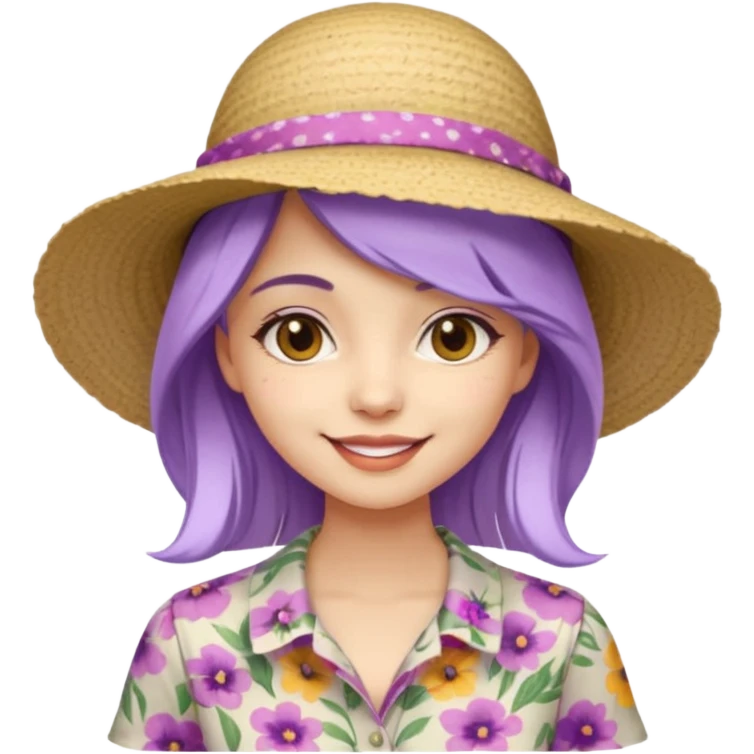 young fashionable woman, straight lavender hair, wearing a sunhat and floral blouse, playful smile emoji